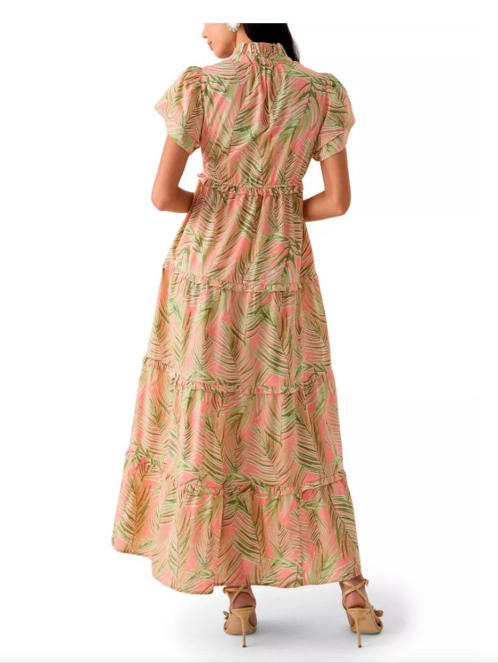 Crown & Ivy Womens XL Coral Palm Tiered Maxi Dress Ruffle Neck Short Sleeve NWT - Picture 2 of 6